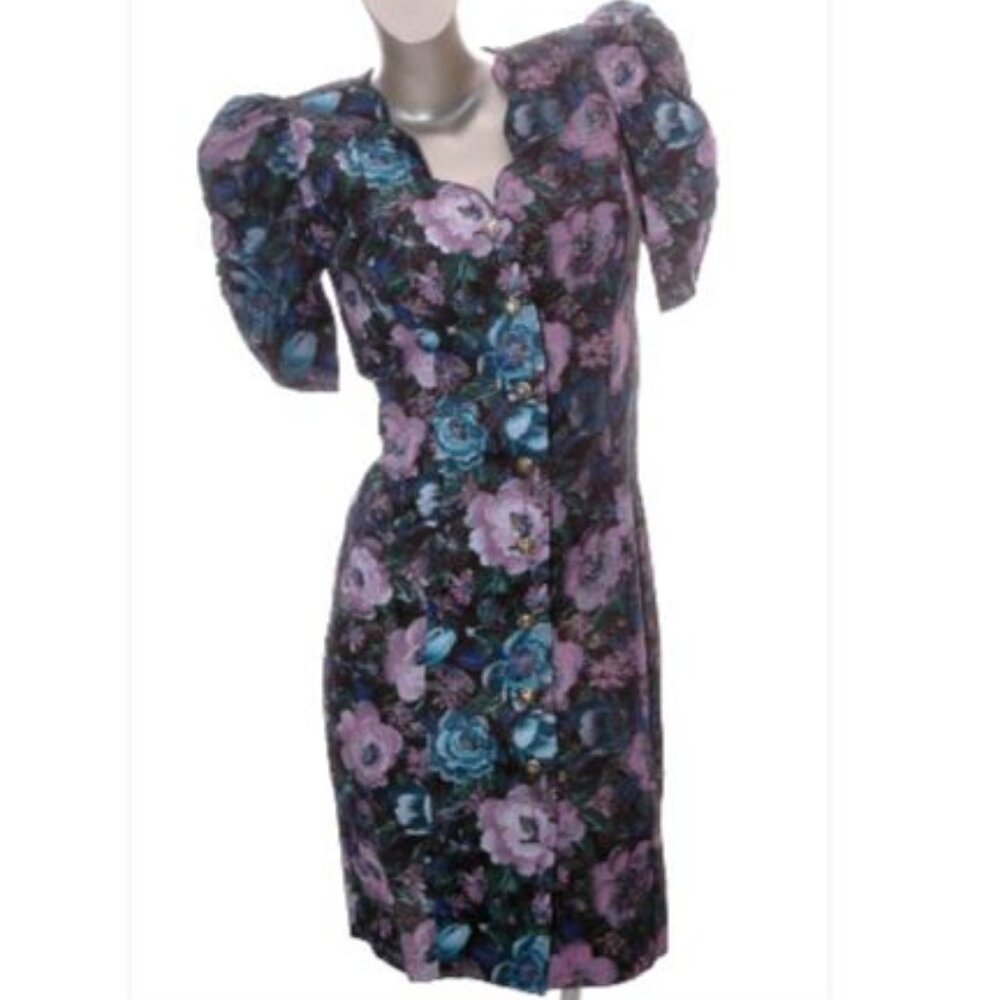 Vintage 80s Midi Dress Cottage Core Puff Sleeves Scallop Black Pastel Floral 7/8